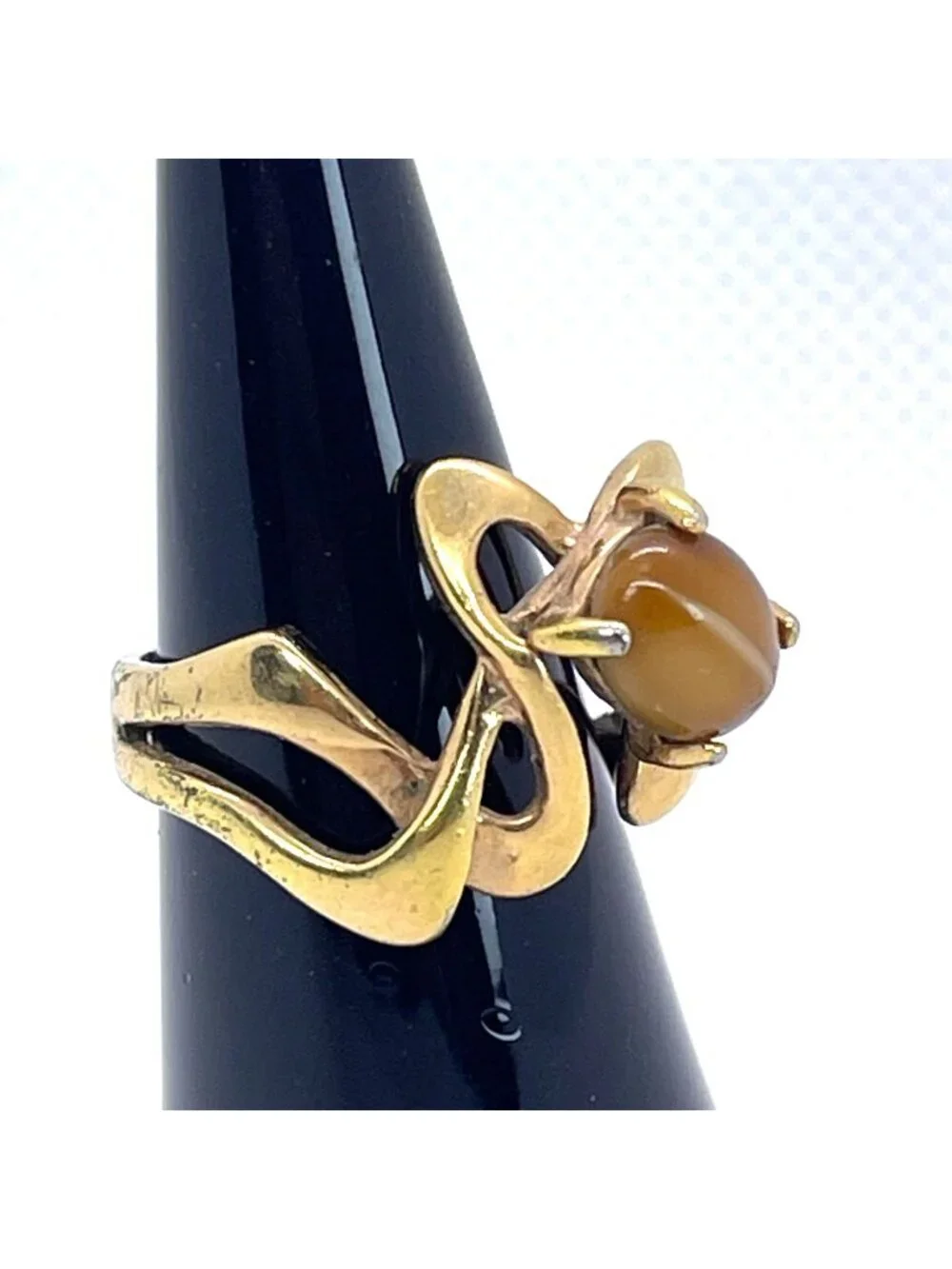 18KT HGE Tiger Eye Ring MCM Gold Plate 70s Open Loop Abstract Size 6.25 Vintage - Picture 8 of 11